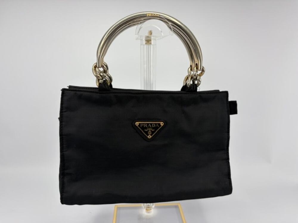 Prada Tessuto Black Nylon Top Handle Bag Silver Chain Ring Handles Small Tote